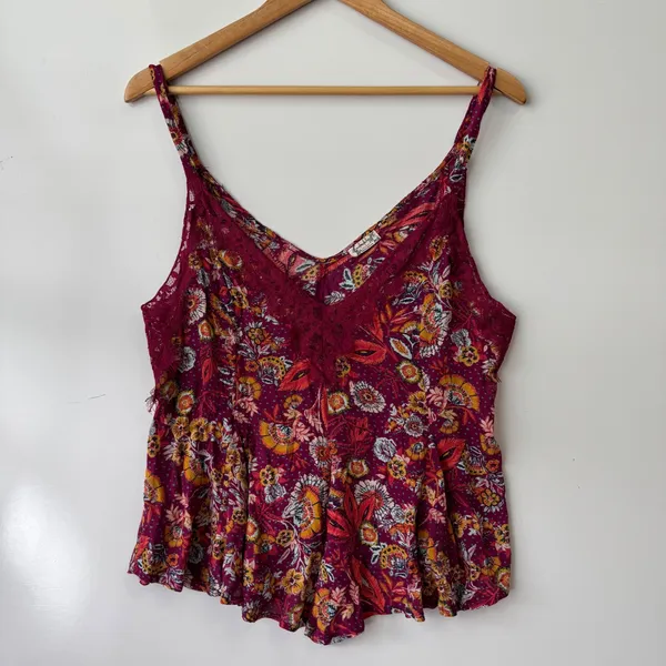 Free People Floral Cami Top Lace Trim V Neck Sleeveless‎ Blouse Medium - Image 7