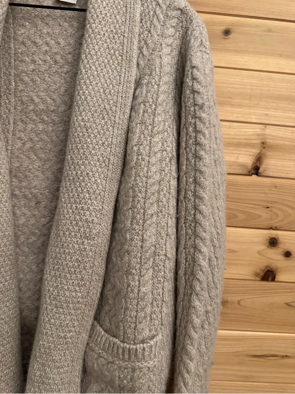 Aran Crafts XL Cream Merino Wool Cable Knit Open Front Cardigan Ireland Cozy - Image 6
