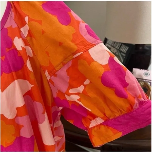 Free Assembly Floral Puff Sleeve Dress XL Pink Orange Open Tie Back With Pockets - Image 8