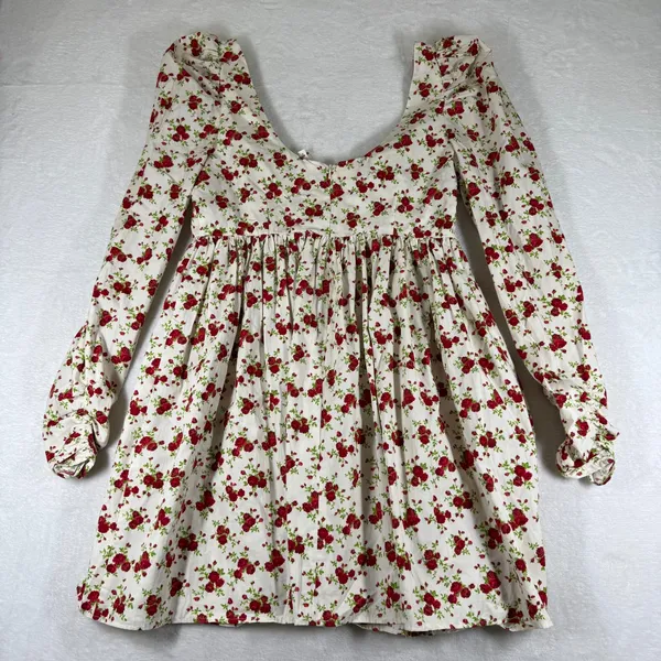 ASOS Design Floral Puff Sleeve Babydoll Mini Dress White Red Rose US 8 NEW - Image 11