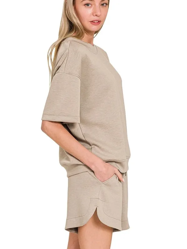 Zenana Scuba Round Neck Top And Dolphin Shorts Set size medium ash mocha - Image 2