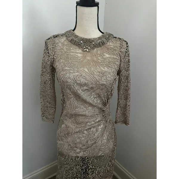 Teri Jon Gold Lace Beaded Neck Mermaid Gown Size 8 Vintage Designer Sheer Dress - Image 3