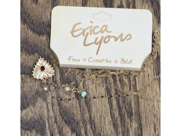 NWT Erica Lyons Double Chain Multi Heart Pendant Necklace Gold Multi 17" + 3" - Image 2