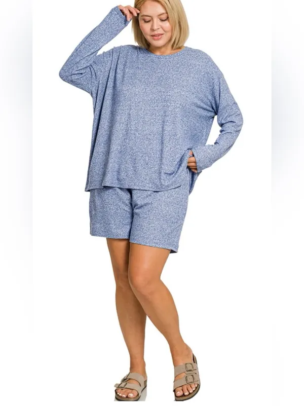 NEW! Plus Size LT Navy Plus soft melange long sleeve tee & shorts set Size 2X - Image 2
