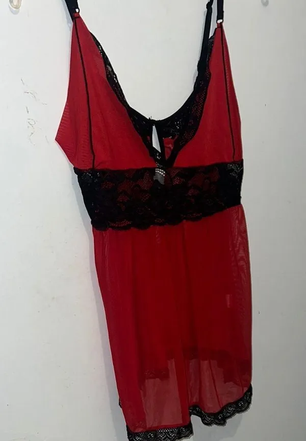 Vibrant Red Chemise Baby doll with Black Lace Trim XL - Image 2