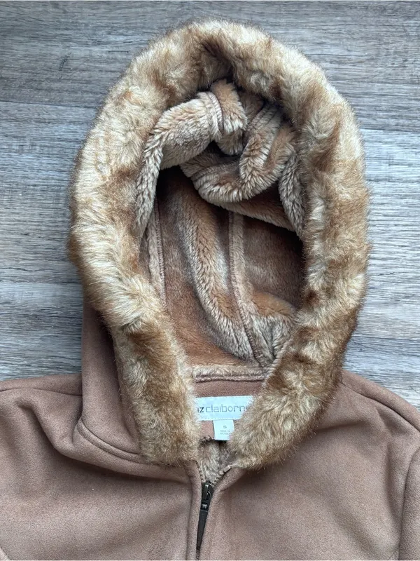 Y2K Liz Claiborne Camel Faux-Fur Trim Hooded Jacket Winter Fall Sz Small - Image 3