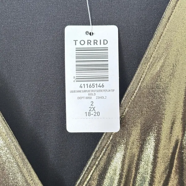 Torrid Top Liquid Shine Peplum Blouse Sz‎ 18/20 Gold Metallic Party New - Image 9