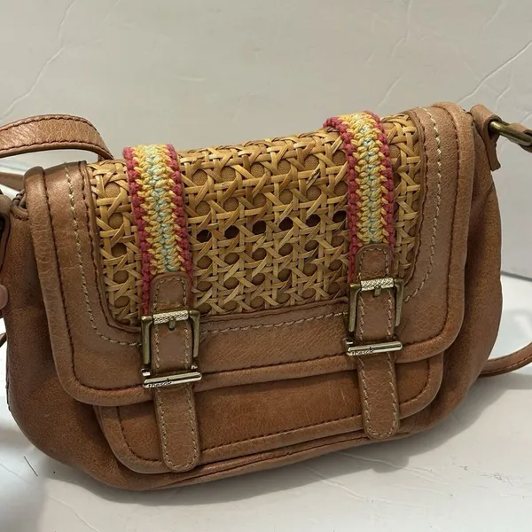 THE SAK Leather Crossbody Bag Pockets Tan Brown Adjustable Cane Ribbon Detail - Image 5