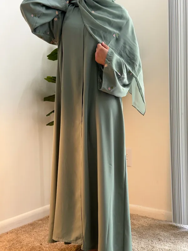 Teal Abaya Floral 2 Piece Green Size M - Image 5