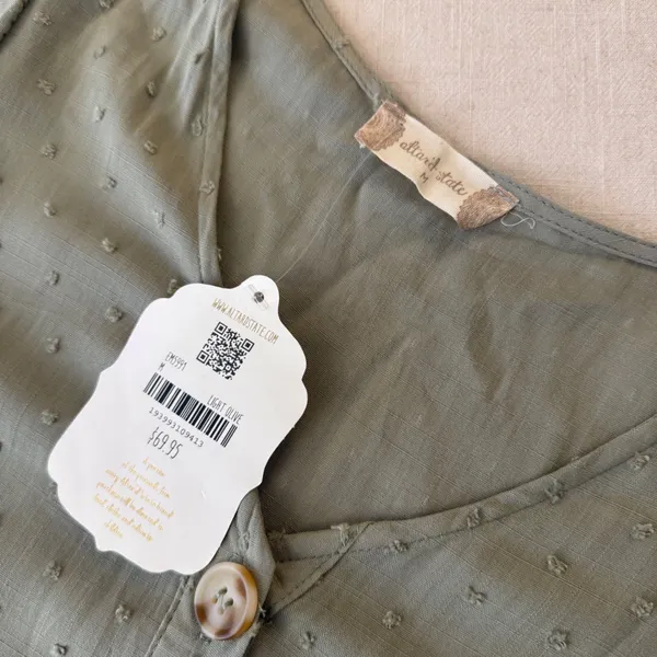 Altar'd State Light Olive‎ Swiss Dot Button Front Mini Dress Boho M nwt - Image 10