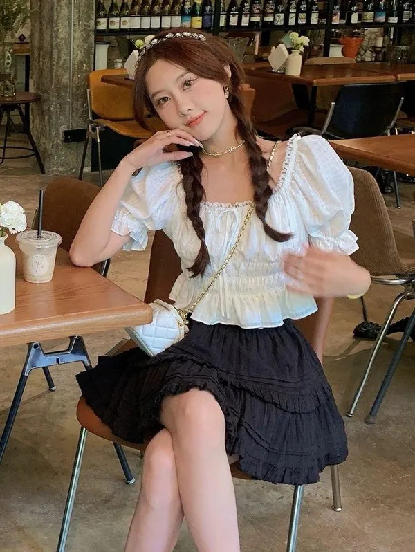 Japanese White Bohemian Cottage Puffy Sleeves Ruffle Lace Ribbon Crop Top Blouse - Image 3