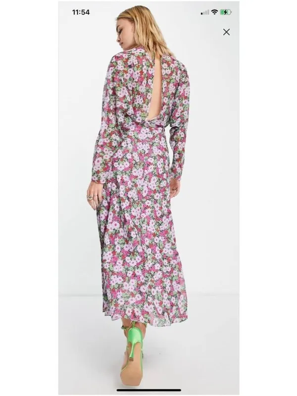 ASOS Design V Neck Batwing Floral Midi Dress Long Sleeve - Image 2