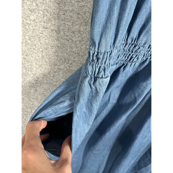 GAP Large Womens Dress Puff Sleeve Denim Midi‎ V-Neck 100% Cotton Medium Wash - Image 4