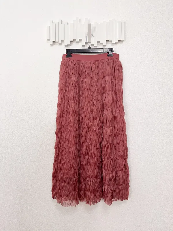 Miss Sparkling Pink Rose Textured Feather Fringe Mesh Maxi Skirt High Waist XL - Image 2