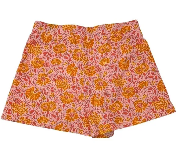 Zara Women's Medium Printed Bright Linen Blend Shorts Orange Pink Floral Pattern - Image 5
