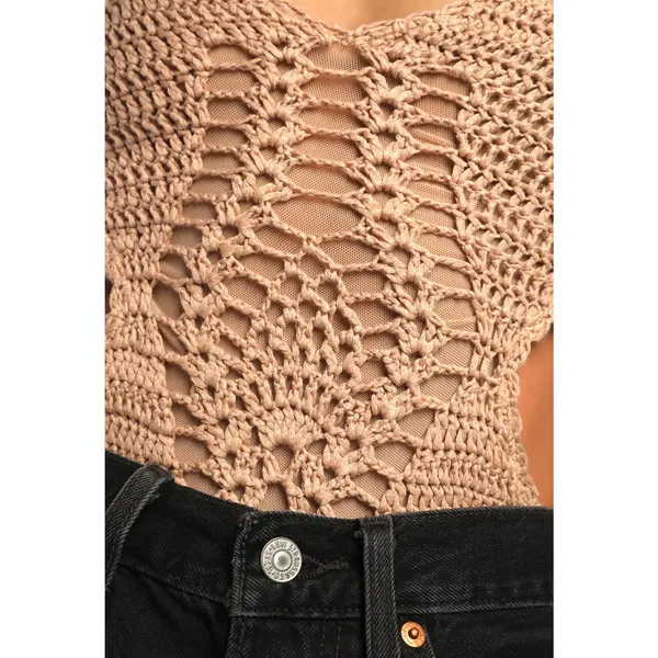 Lulus Beige Crochet Cutout Bodysuit One Piece Swim Coverup Festival Boho Medium - Image 4
