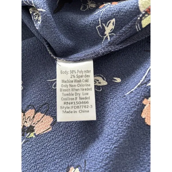 Fun2Fun Navy Blue Floral Boho Kenmore Split Neck Stretch Blouse Size S - Image 7