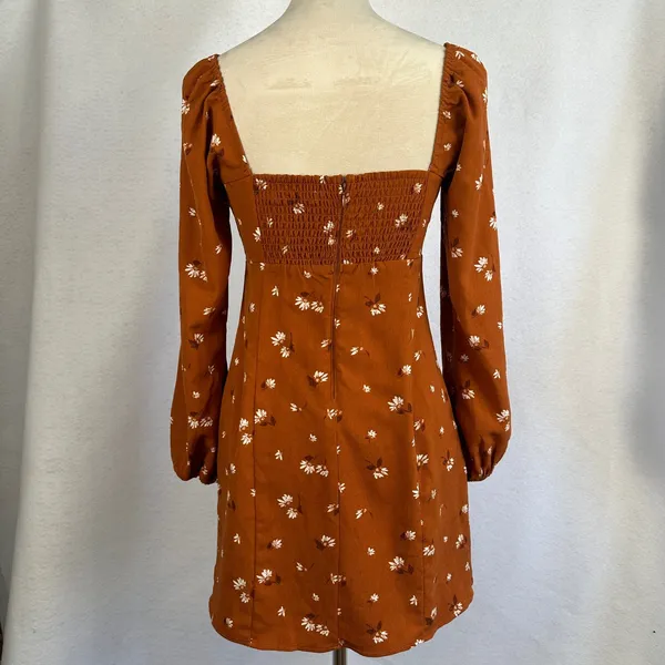 Abercrombie Fitch Rust Brown Floral‎ Sweetheart Neck Puff Sleeve MiniDress Small - Image 7