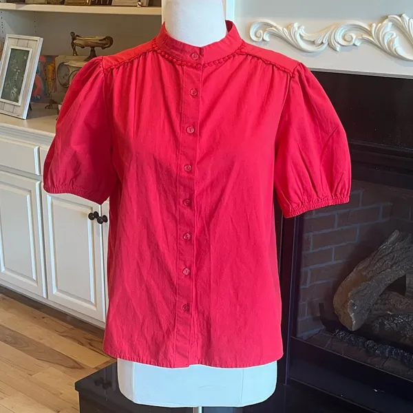 Red Cotton Puff Sleeve Blouse - Image 2