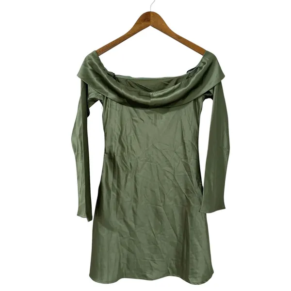 Lulus Luxurious Vision Olive Green Satin Off-the-Shoulder Mini Dress size L NWT - Image 4