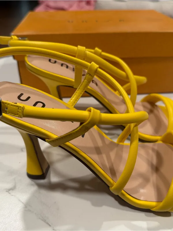 Unisa Bright Yellow Strappy Square-Toe Heeled Sandals - Image 2