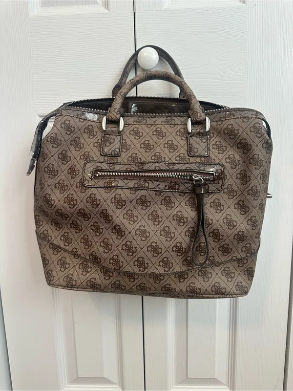 GUESS Brown Monogram Satchel Purse with Logo Plaque - Image 4