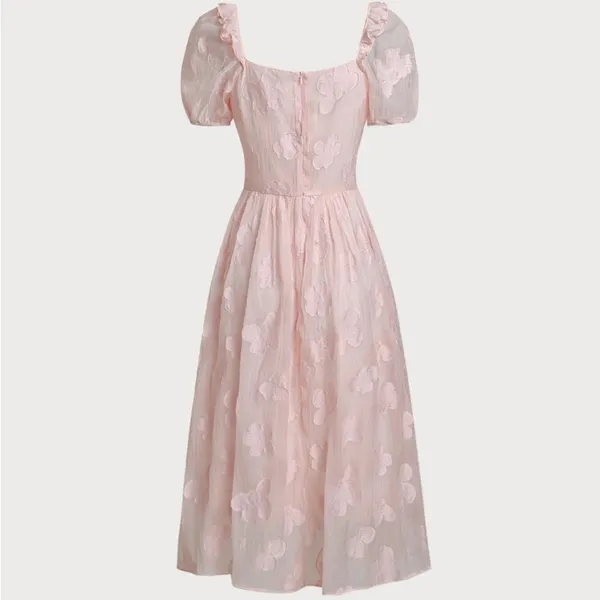 Rihoas Pink Square Neck Puffed Sleeve Midi Dress - Image 7