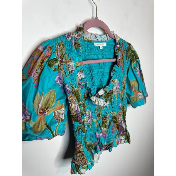 Love The Label Green Floral Ruffle Puff Short Sleeve Cotton Blouse Size XS - Image 6