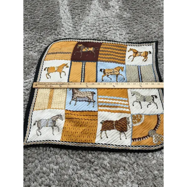 ⁠Vintage Pleated Scarf Equestrian Horse Print Gold Blue Yellow Square Neck Wrap⁠ - Image 10