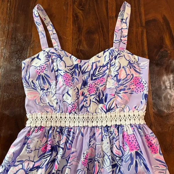 Lilly Pulitzer Purple Floral Elephant Print Cotton Fit Flare Dress 00 Sweetheart - Image 12