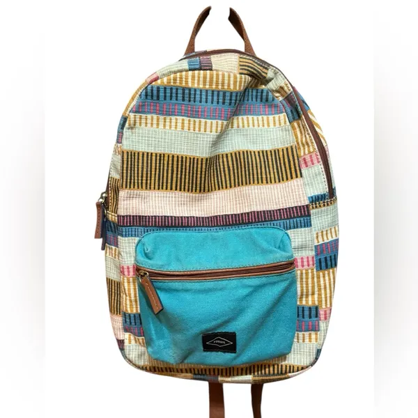 Fossil Multicolor Canvas Backpack Teal Blue Front Pocket Boho Retro‎ Style - Image 3