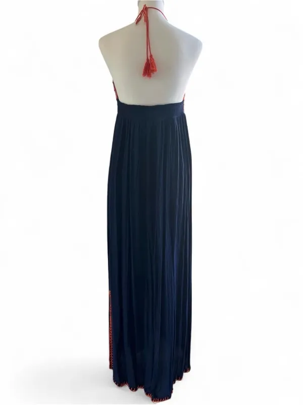 Indigo Rein Boho Crochet Trim Navy Halter Maxi Dress Size M - Image 2