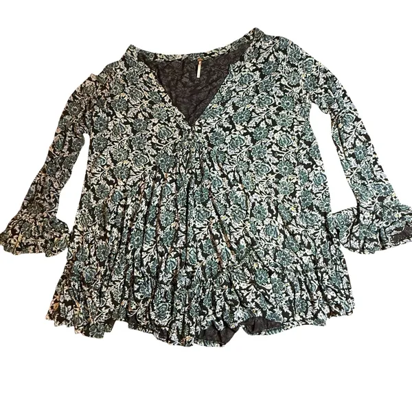 Free People Olivia Ruffled Tunic‎ Floral Dress Black and Deep Sea Green Boho M - Image 2