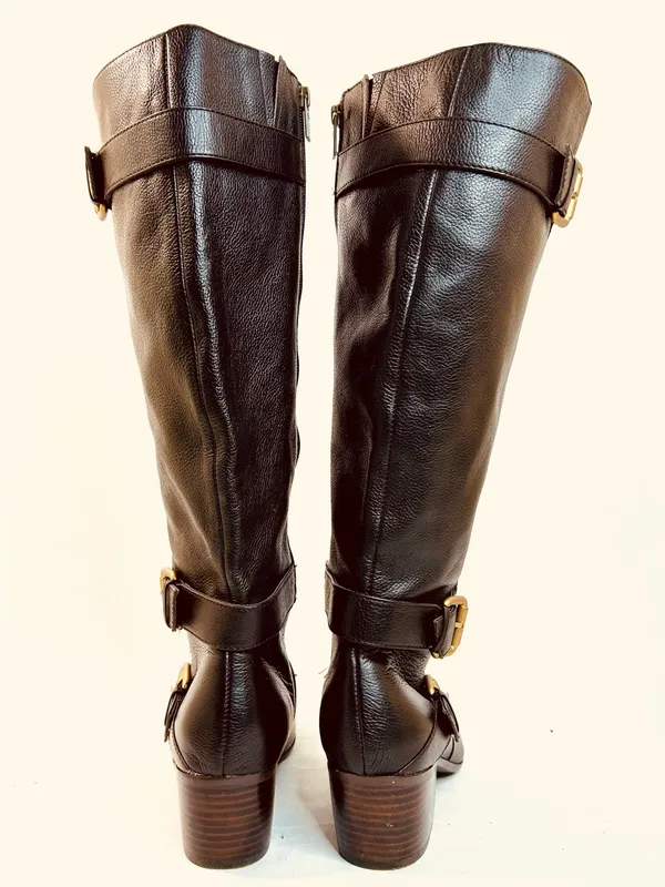 Isola Dark Brown Leather Riding Boots, Stacked Heels, Brass Buckles, size 9.5 - Image 4