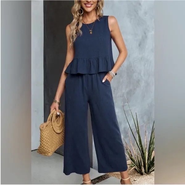 Elegant Blue Pants with Ruffled Peplum Top 2 Piece Set - Image 2