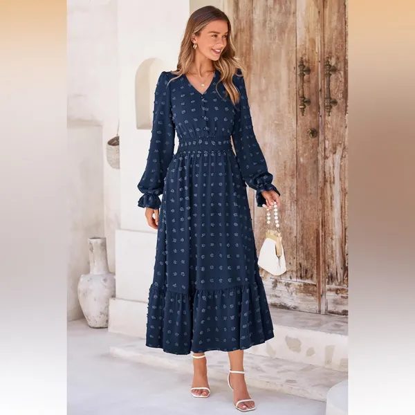 NWT MASCOMODA Navy Swiss Dot Maxi Dress Smocked Waist V-Neck Tiered Size Large - Image 2