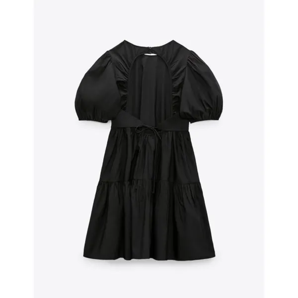 Zara Black Puff Sleeve Open Back Cocktail A Line Tiered Mini Dress Size XS - Image 9