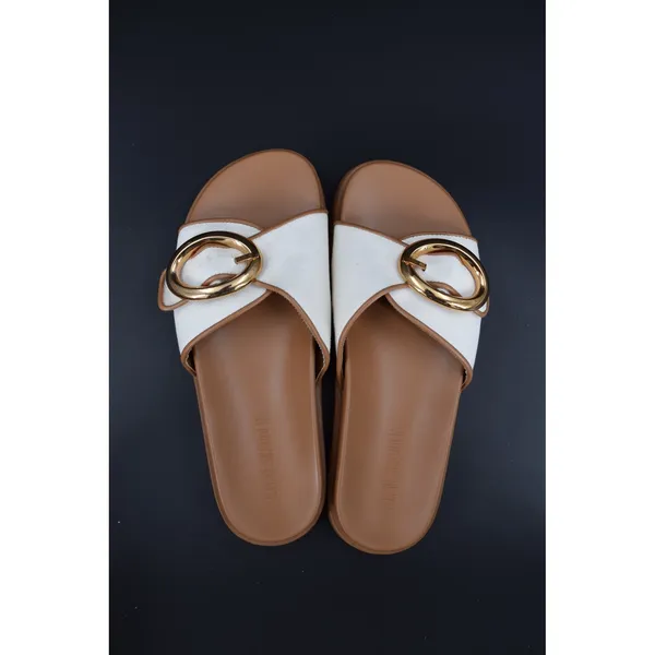 Steve Madden Slide Sandals Womens White Tan Gold Buckle Size 9.5 Canvas Slip - Image 5