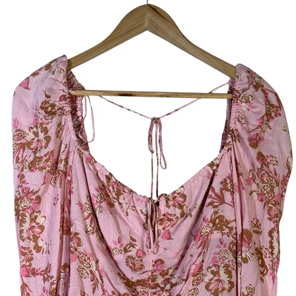 Free People Hilary Printed Top Womens M Pink Floral Ruched Puff Sleeve Smocked - Image 4