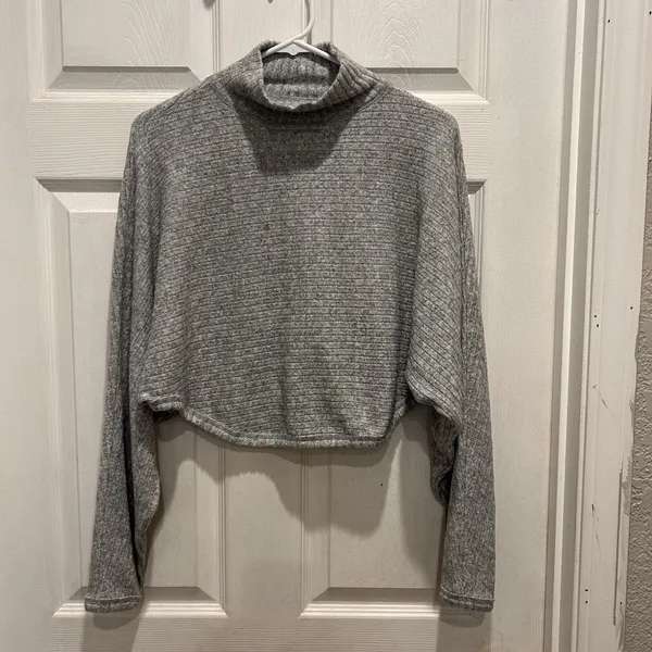 Pilcro Anthropologie‎ Mock Neck Cropped Ribbed Sweater Heather Gray XXS Batwing - Image 4