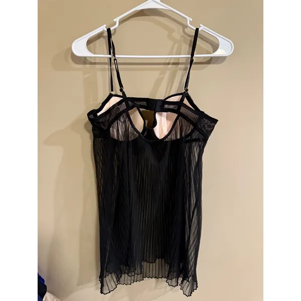Ambiielle Black Lace Trim Pleated Mesh Babydoll Chemise‎ Lingerie M - Image 4