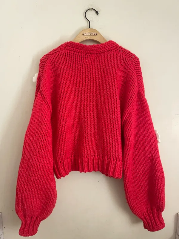 Luna Ivy Chunky Knit Flower Appliqué Cardigan Sweater Red Pink M Cottagecore - Image 5