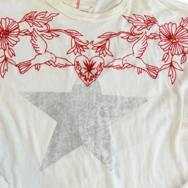 Free People We The Free Fly By Long Sleeve Tshirt Ivory Combo Star Embroidered M - Image 12