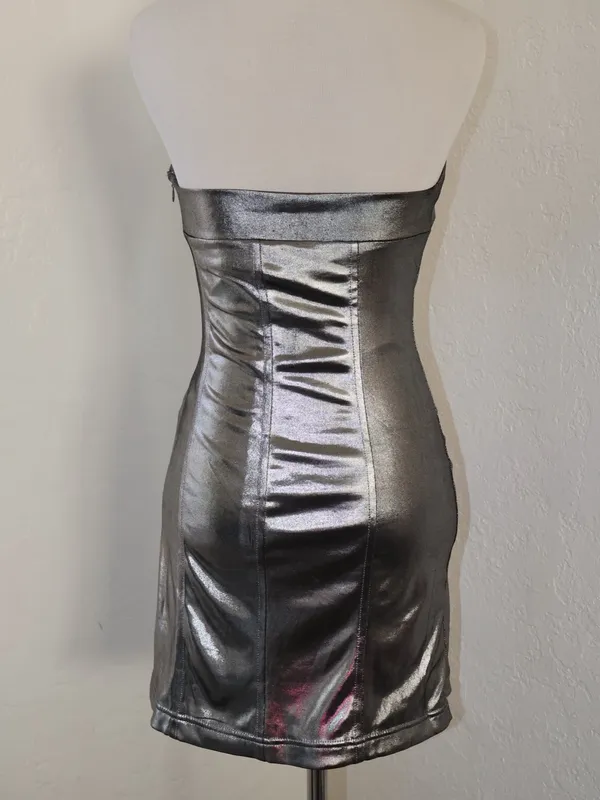 urban outfitter kristy disco metallic silver strapless bodycon mini dress small - Image 6