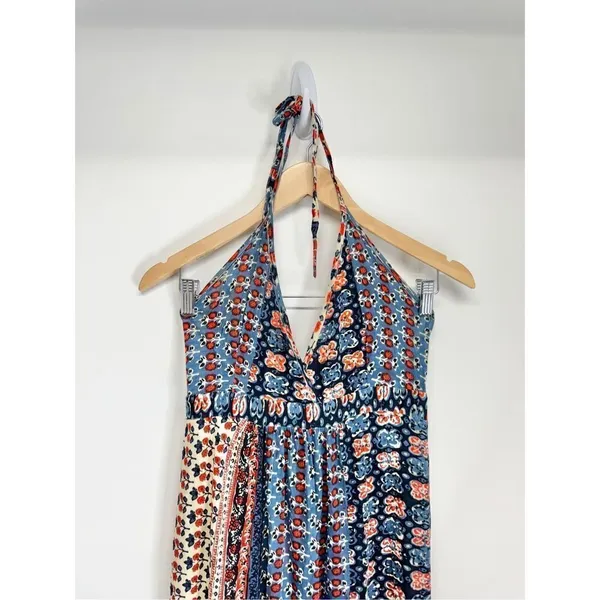 Raga Blue Red Patchwork Boho Halter Neck Side Slit Maxi Dress Size Small - Image 4