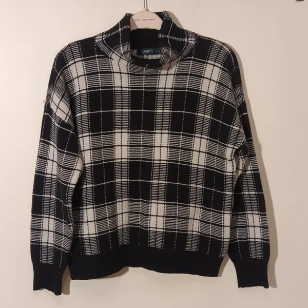 Lauren Ralph Lauren Sz Large Black White Plaid High Mock Neck Pullover Sweater - Image 3