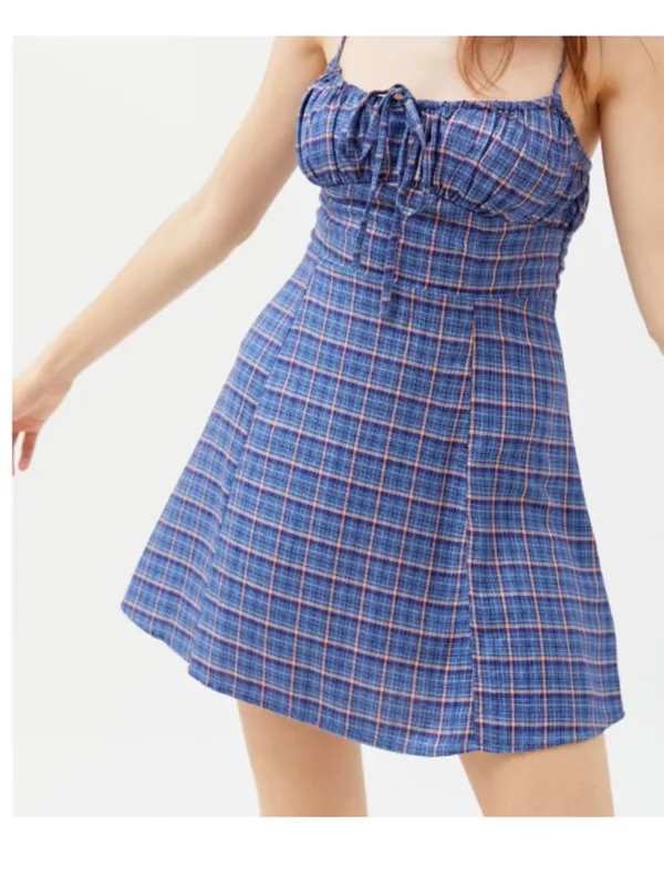 $69 Urban Outfitters Kamaryn Tie Front Plaid Mini Dress NWOT in Blue S - Image 3