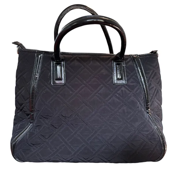 Vera Bradley Black Quilted Microfiber Tote‎ Bag Patent Trim Colorful Leaf Lining - Image 2