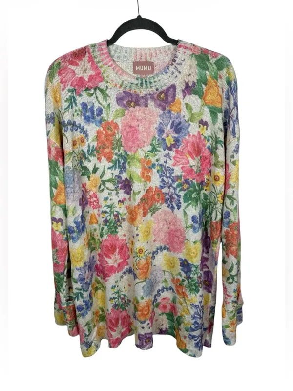 Show Me Your Mumu Sue Cuffed Tunic Sweater M Ivory‎ Botanical Floral Knit - Image 3