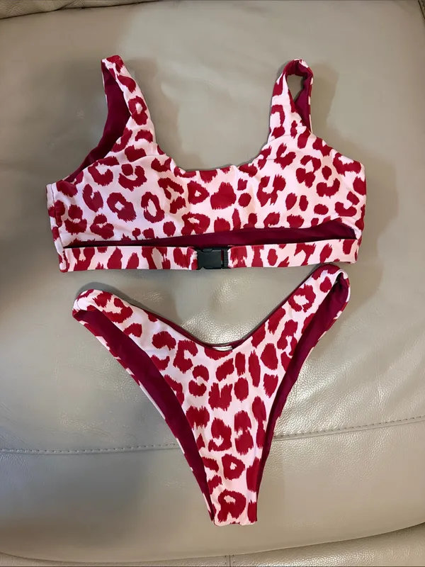 Red Leopard Print Women’s Bikini Top and Bottom - Unbranded - Image 2